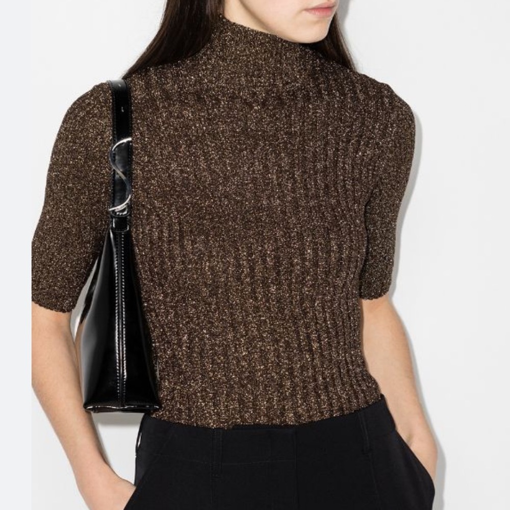 NWOT GANNI ribbed mock neck gold lurex sweater size medium